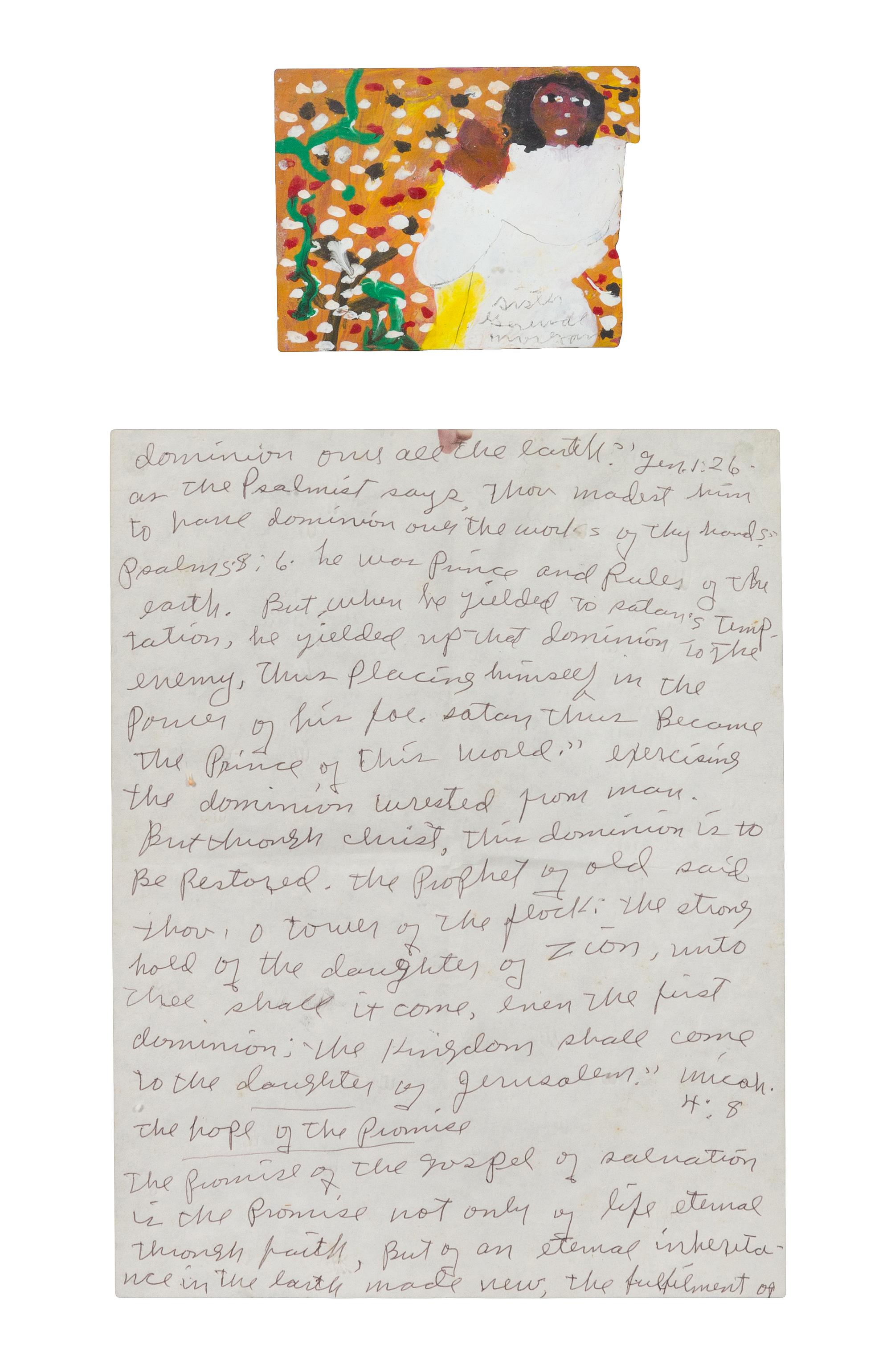 Sister Gertrude Morgan, (American, 1900-1980), Dominion Over All the Earth (Contains a sermon on an attached letter.)