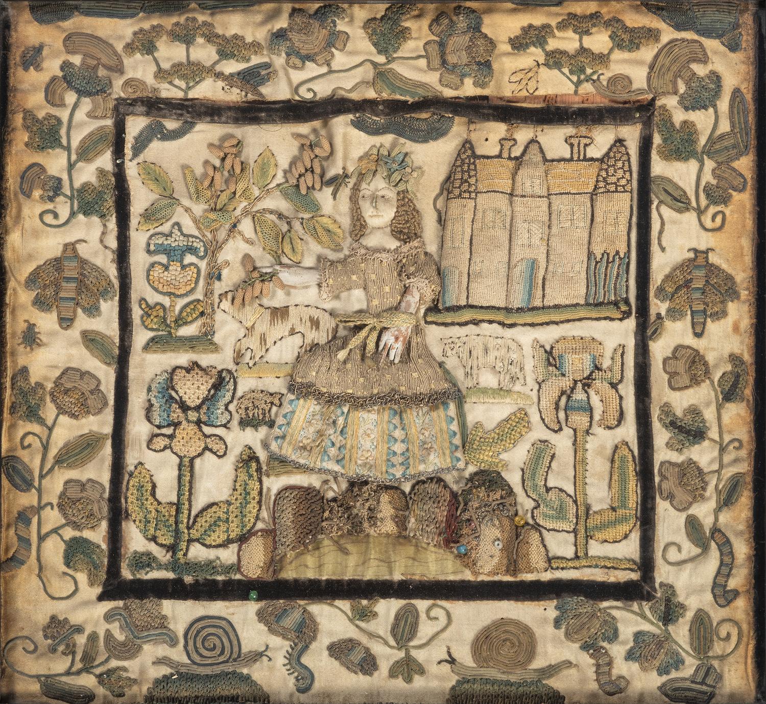 An English Silkwork Embroidered Shepherdess Picture