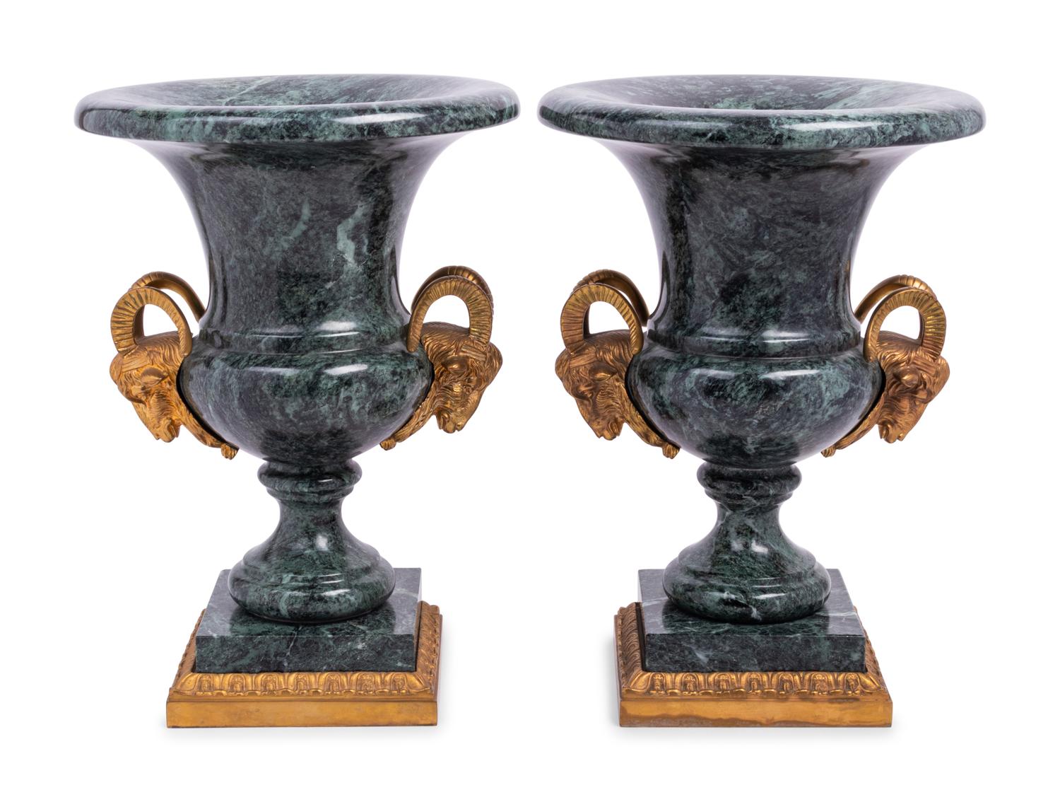 A Pair of Neoclassical Style Gilt Metal Mounted Marble Campagna-Form Urns