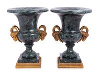 A Pair of Neoclassical Style Gilt Metal Mounted Marble Campagna-Form Urns