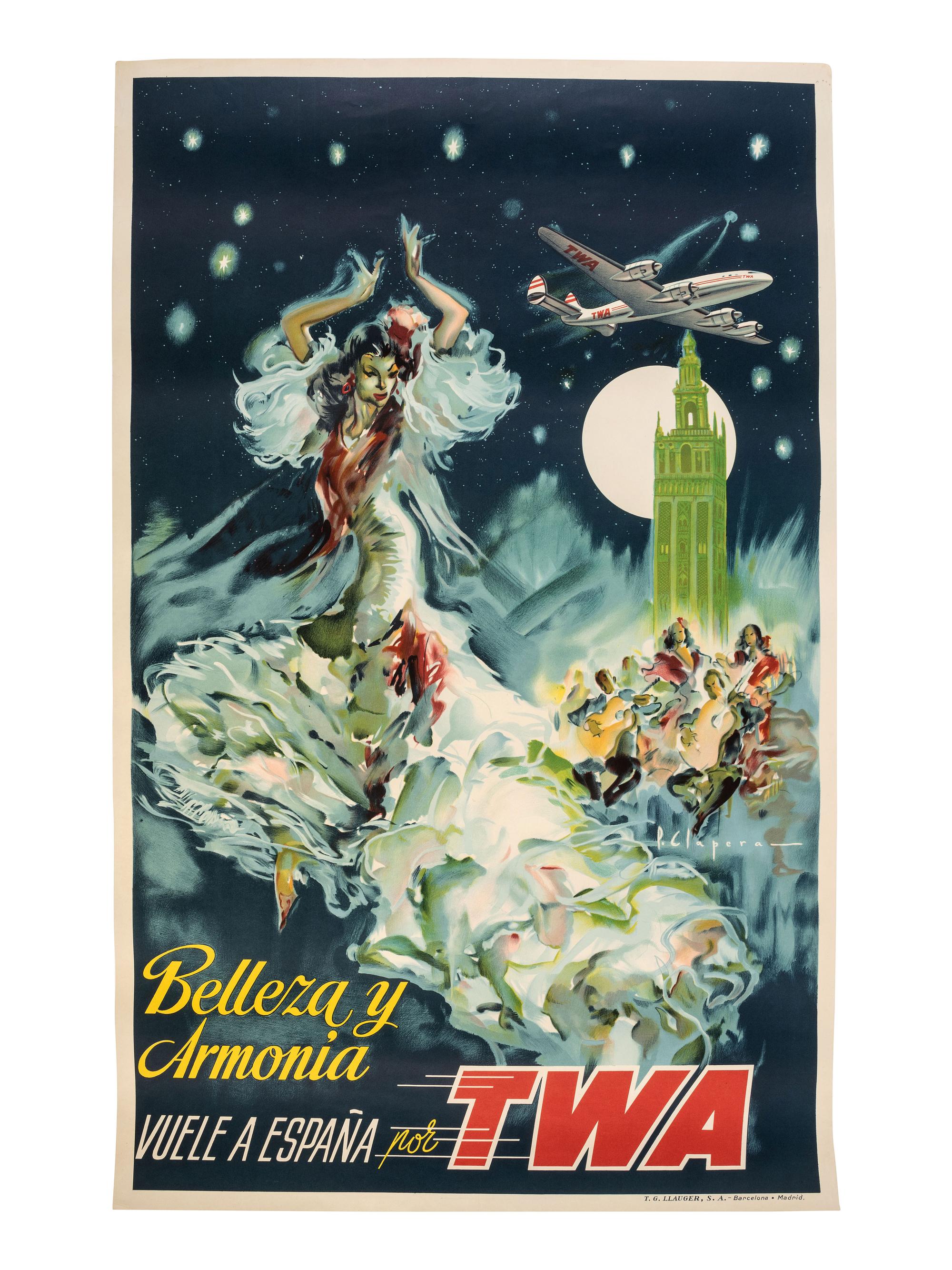 [TRAVEL]. A group of 4 TWA posters promoting travel to Spain, Portugal, and Egypt. Ca 1950s.