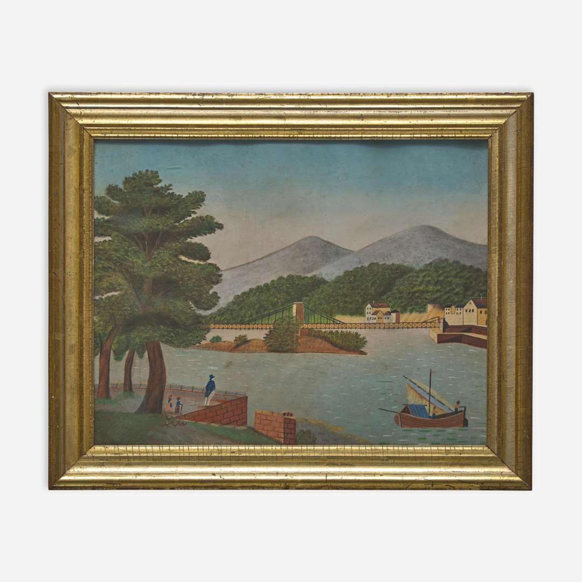 American School 19th century Two works: Portrait of a Young Girl and Dog and Landscape with Bridge and Mountain