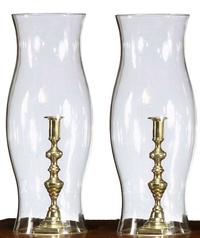 Pair of brass candlesticks with hurricane shades 19th/20th century