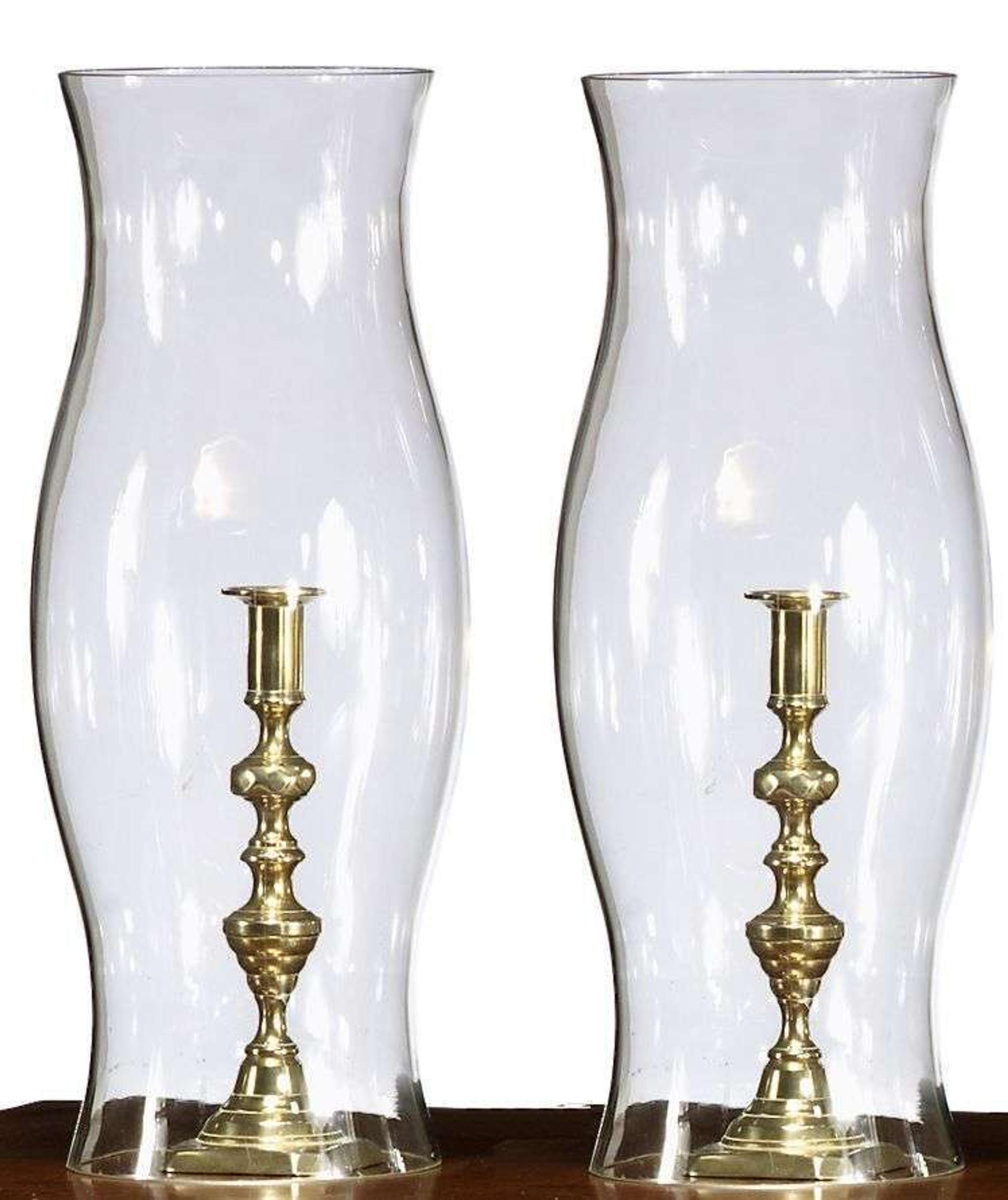 Pair of brass candlesticks with hurricane shades 19th/20th century