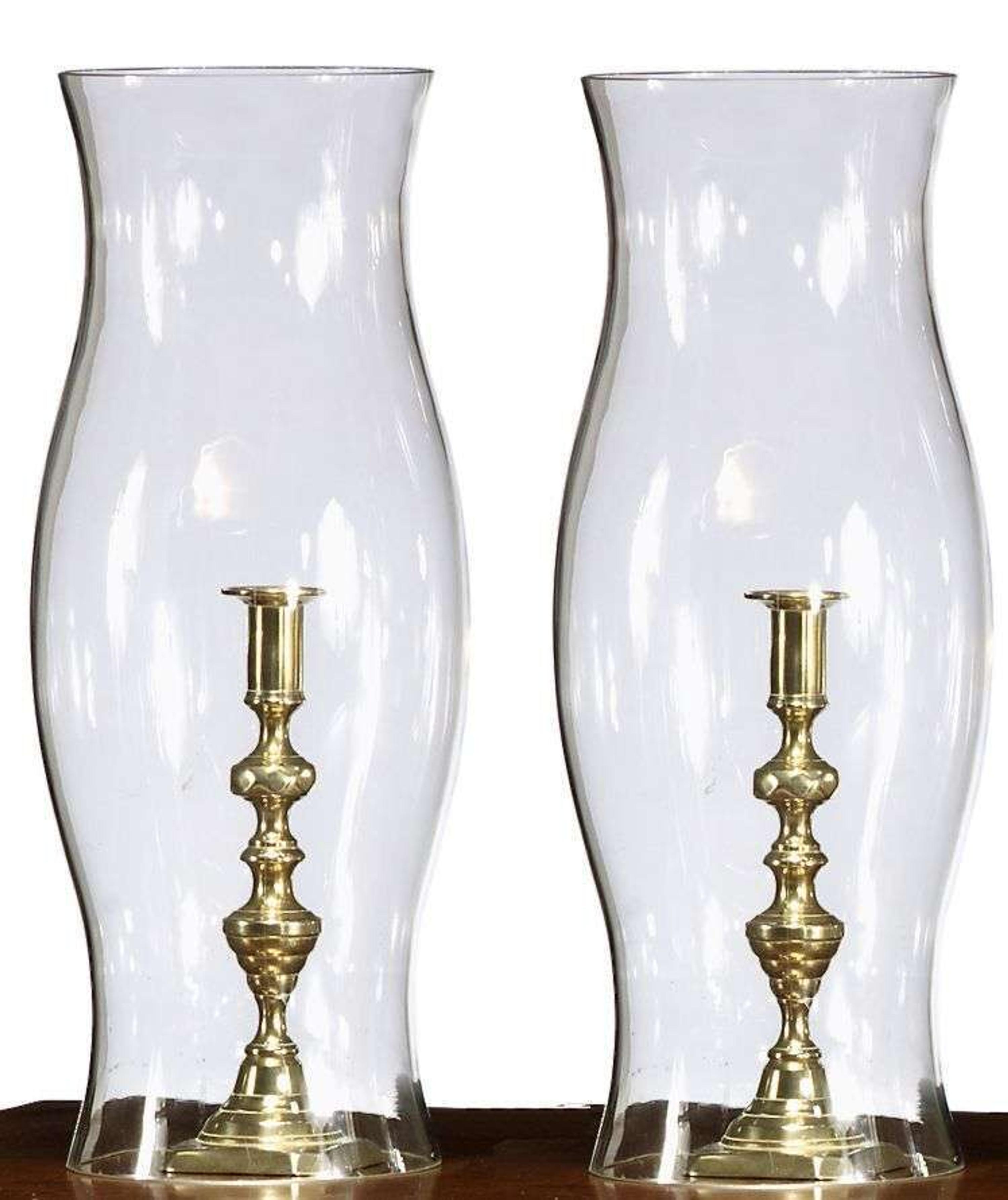 Pair of brass candlesticks with hurricane shades 19th/20th century