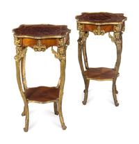 A Pair of Louis XV Style Gilt Bronze Mounted Parquetry Side Tables