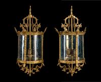A Pair of English Gilt Bronze Mounted Etched Glass Lanterns