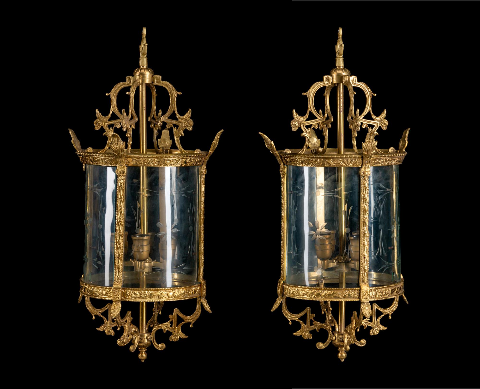 A Pair of English Gilt Bronze Mounted Etched Glass Lanterns