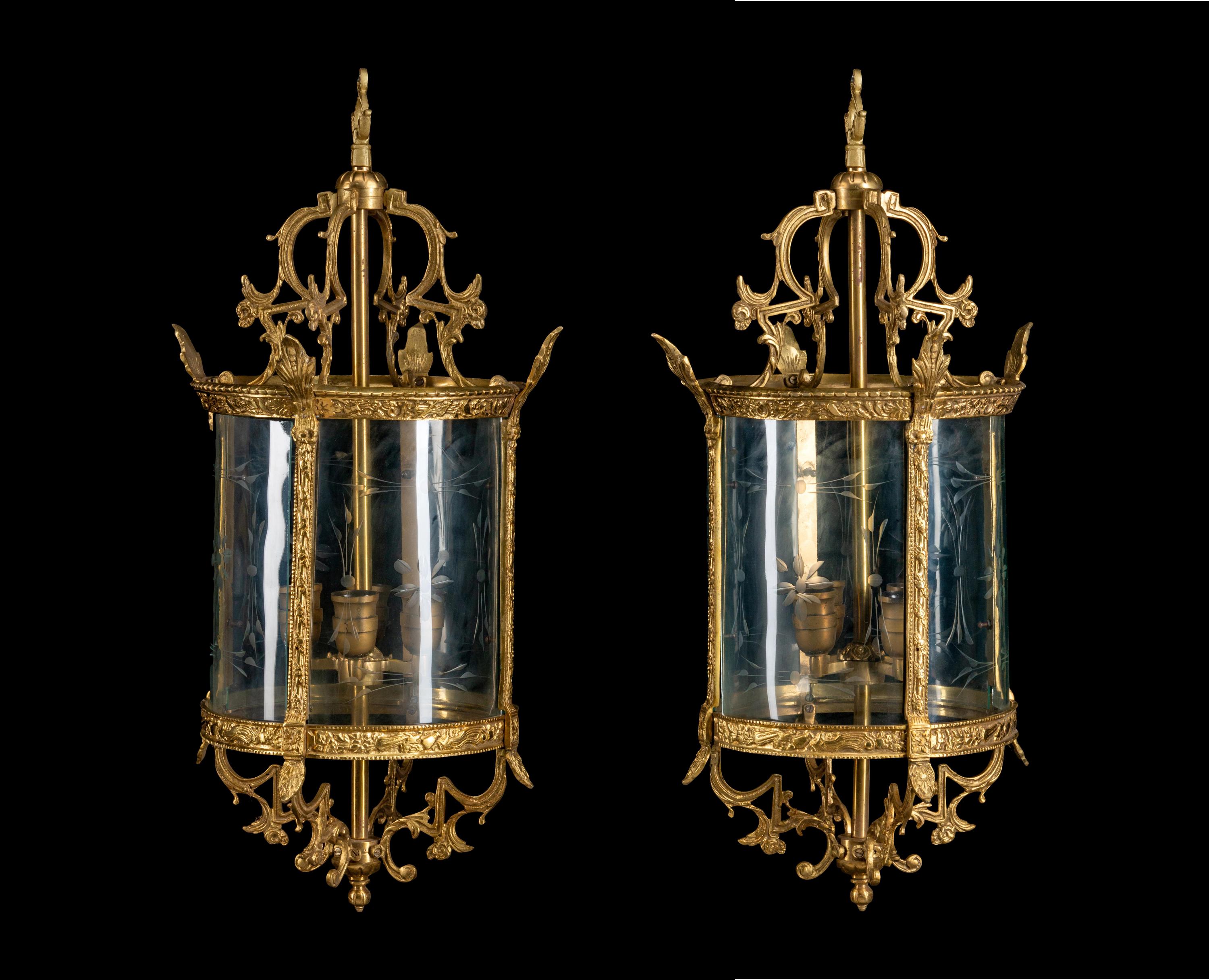 A Pair of English Gilt Bronze Mounted Etched Glass Lanterns