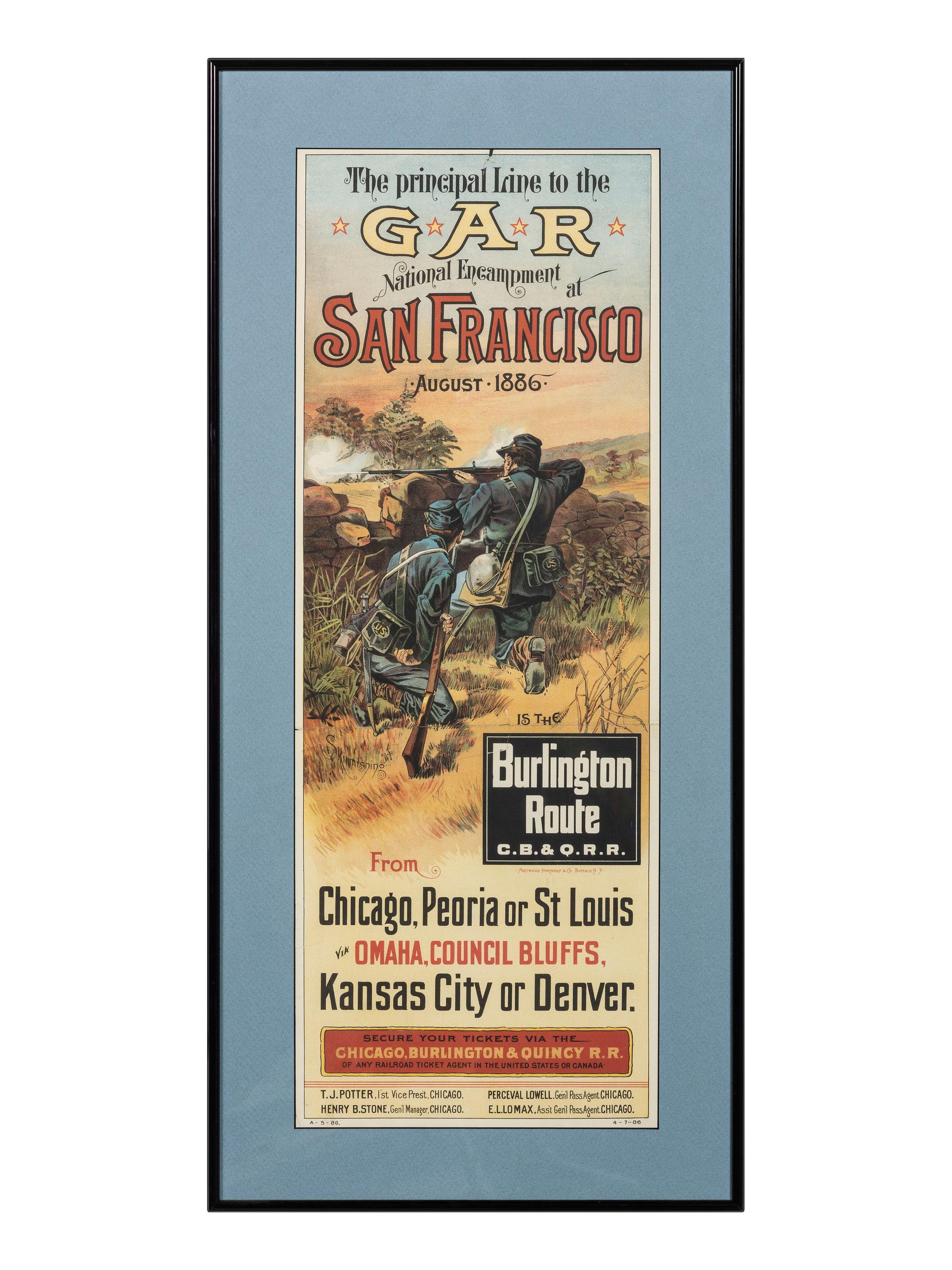 [TRANSPORTATION - RAILROAD]. The Principal Line to the GAR National Encampment at San Francisco...is the Burlington Route. Buffalo, NY: Matthews-Northup & Co., ca 1886.