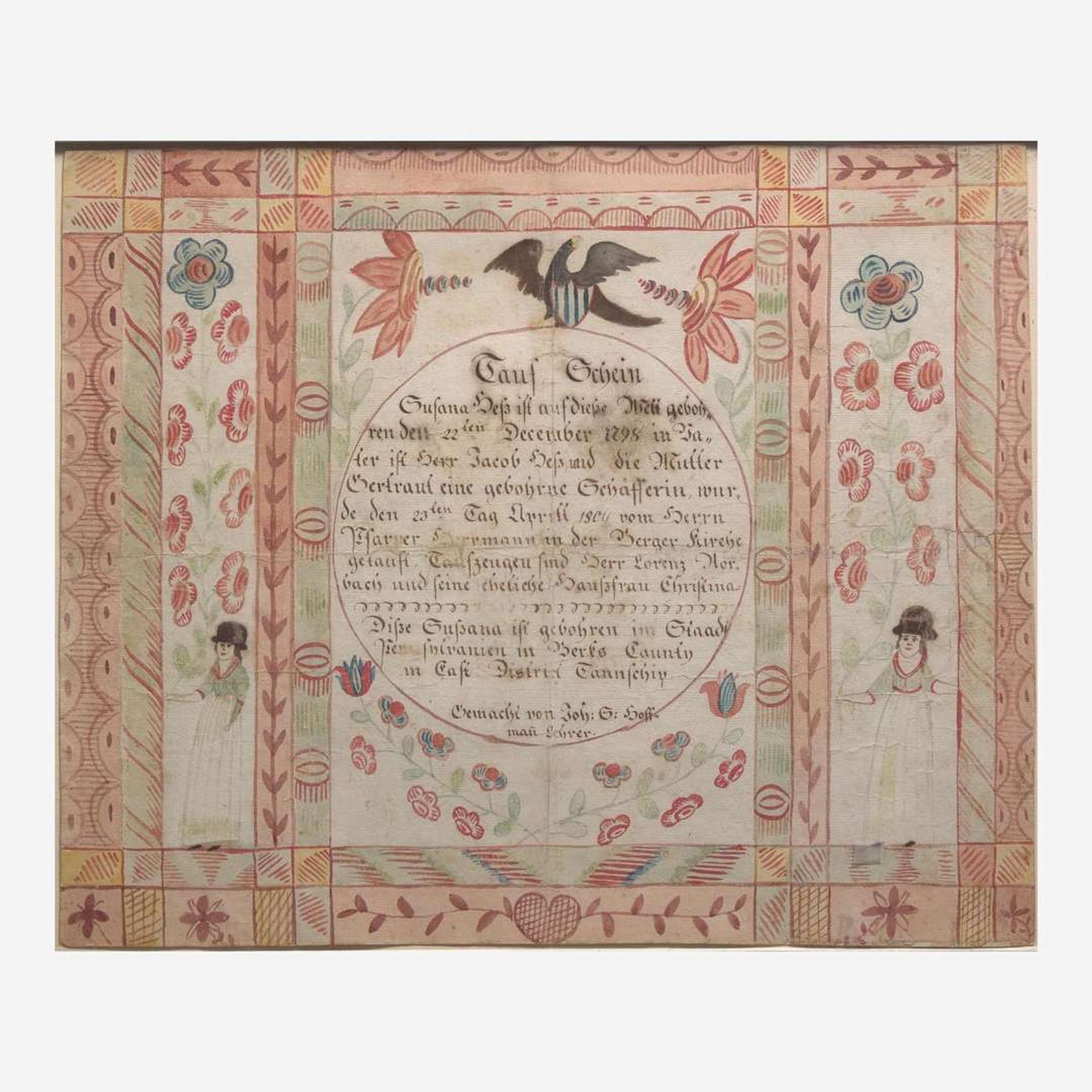 A Fraktur birth and baptism record for Susanna Getz of Berks County Johannes Hoffman, early 19th century