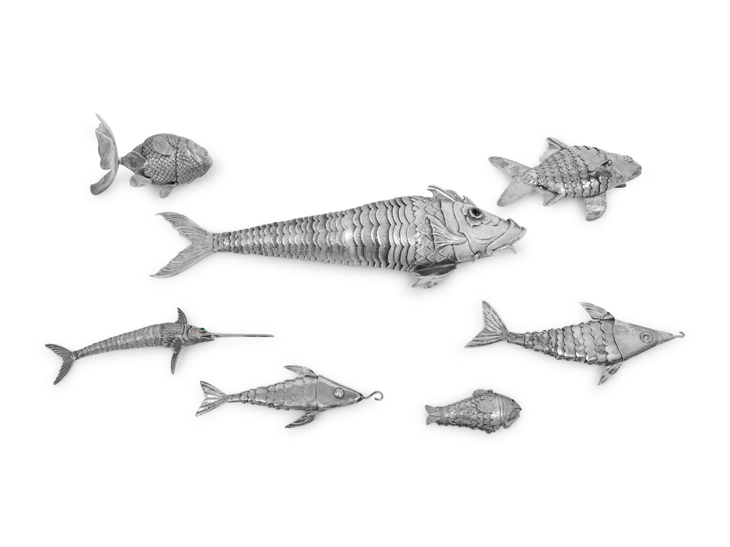 Seven Continental Silver Articulated Fish Table Ornaments