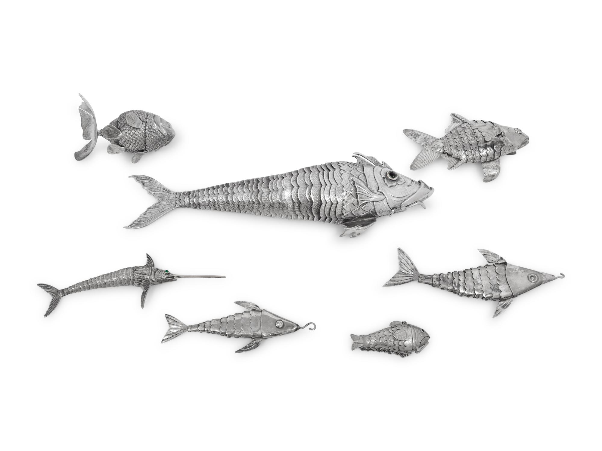 Seven Continental Silver Articulated Fish Table Ornaments