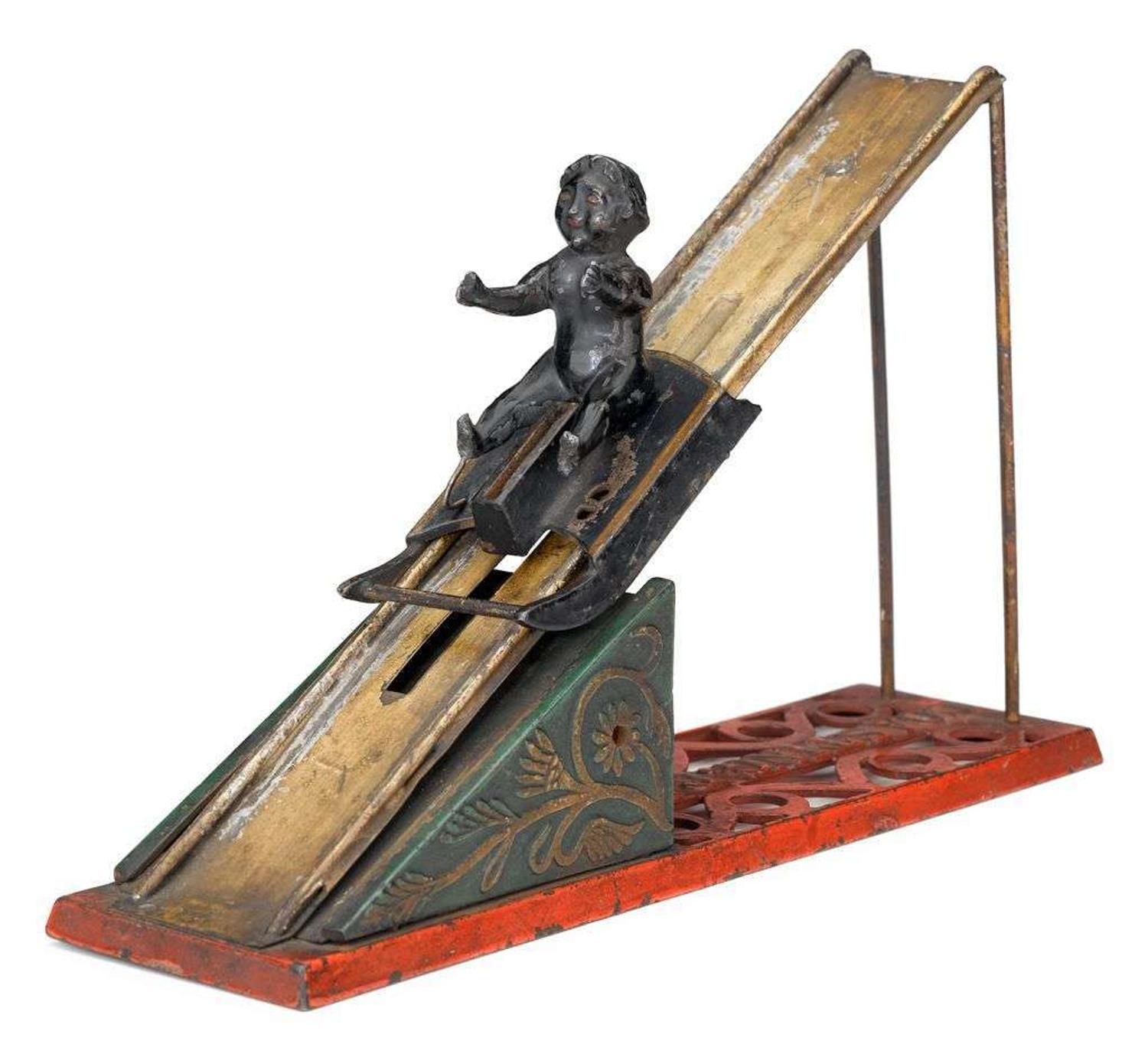 An extremely rare painted cast iron and lead mechanical "Coasting Bank" design attributed to charles a. bailey (1848-1926) for j. & e. stevens co., cromwell