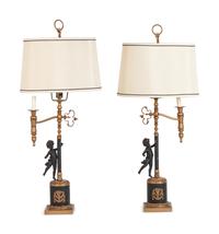 A Pair of Continental Gilt and Patinated Cast Metal Single-Light Candelabra Mounted as Lamps