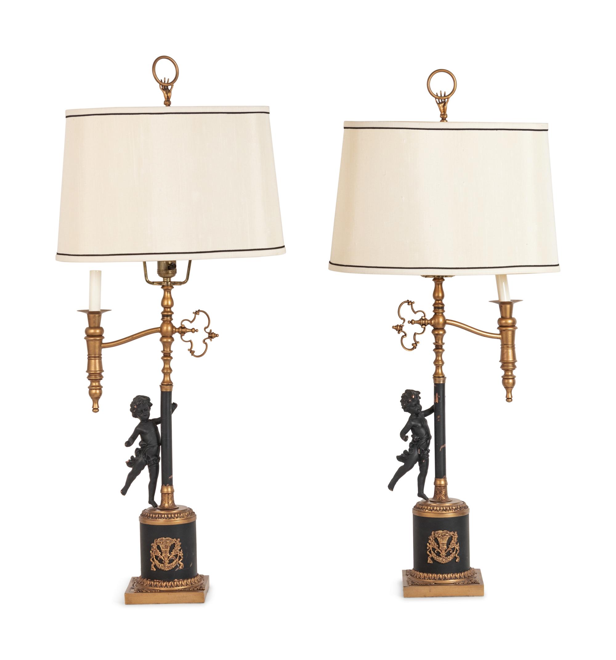 A Pair of Continental Gilt and Patinated Cast Metal Single-Light Candelabra Mounted as Lamps