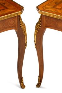 A Pair of Louis XV Style Gilt Bronze and Porcelain Mounted Marquetry Tables