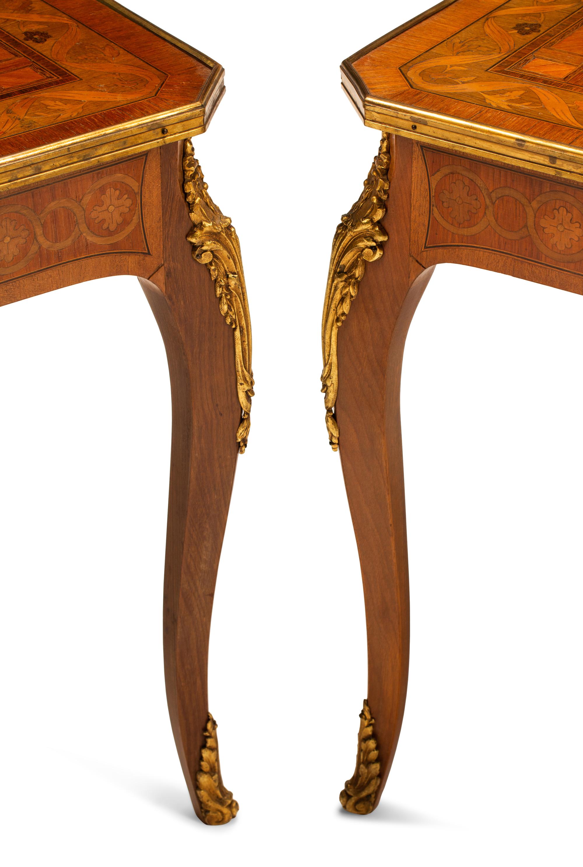 A Pair of Louis XV Style Gilt Bronze and Porcelain Mounted Marquetry Tables