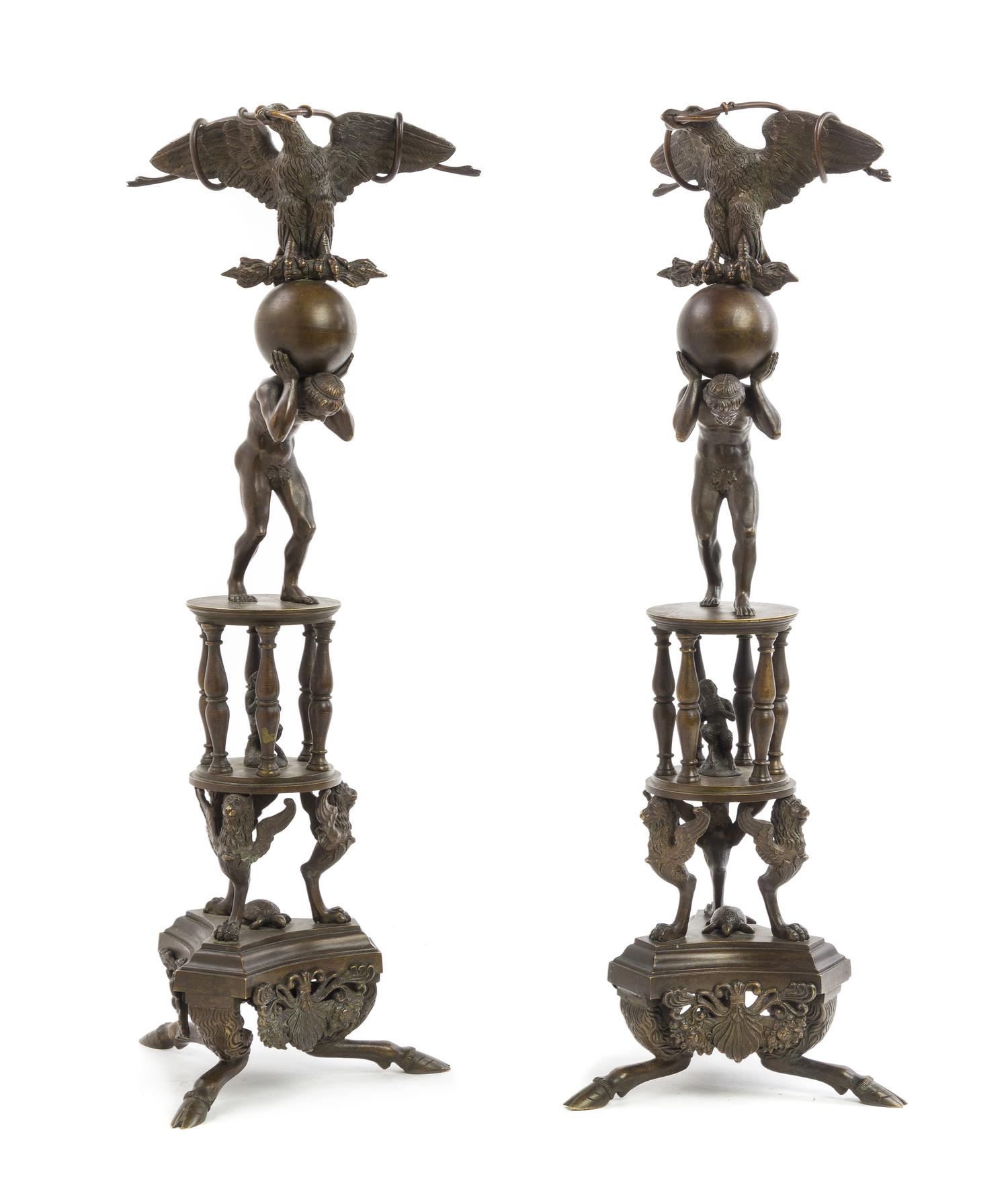 A Pair of Pompeian Style Bronze Table Ornaments Height 19 inches. — 20TH CENTURY