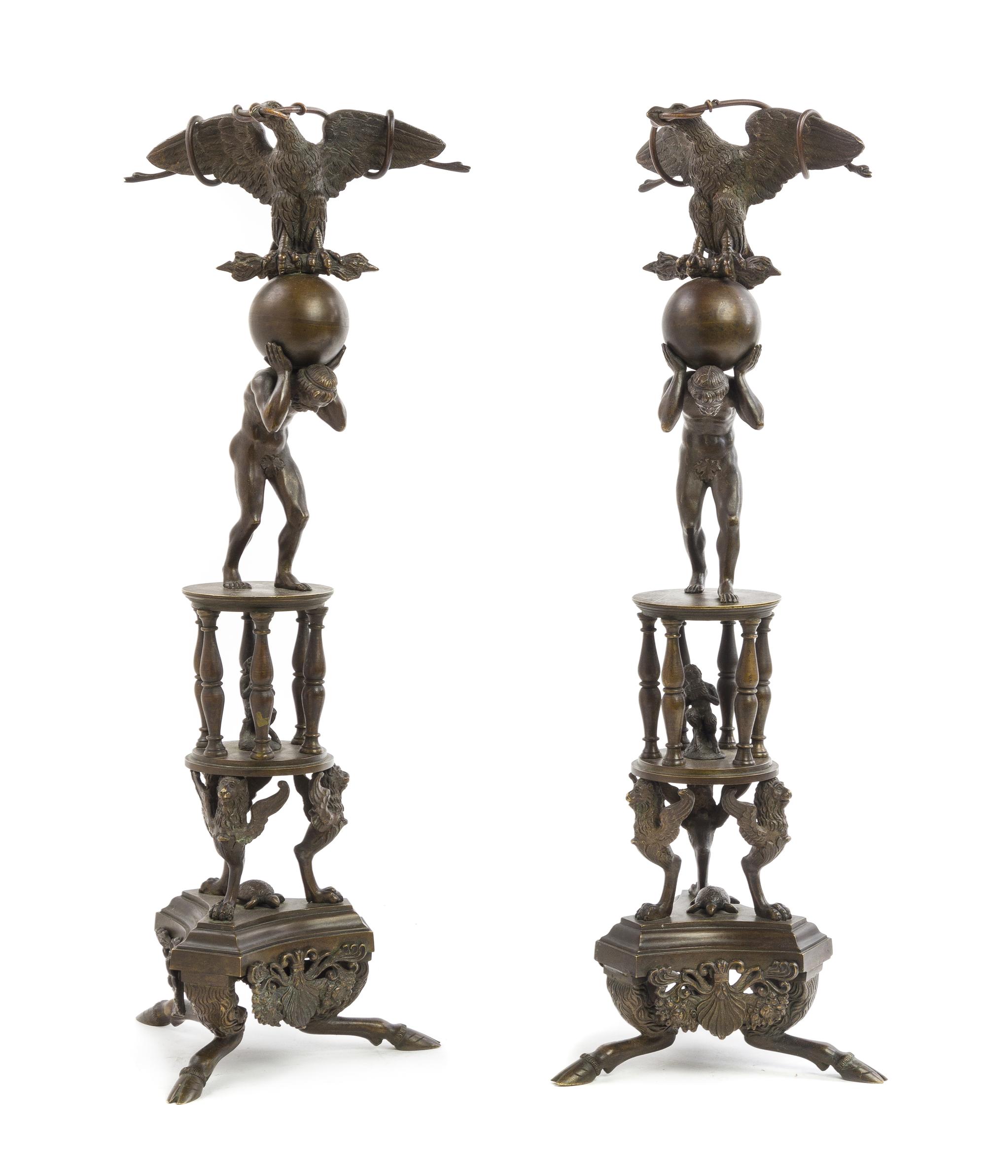 A Pair of Pompeian Style Bronze Table Ornaments Height 19 inches. — 20TH CENTURY