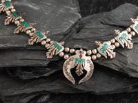 Navajo Silver and Chip Inlaid Peyote Bird Squash Blossom Necklace