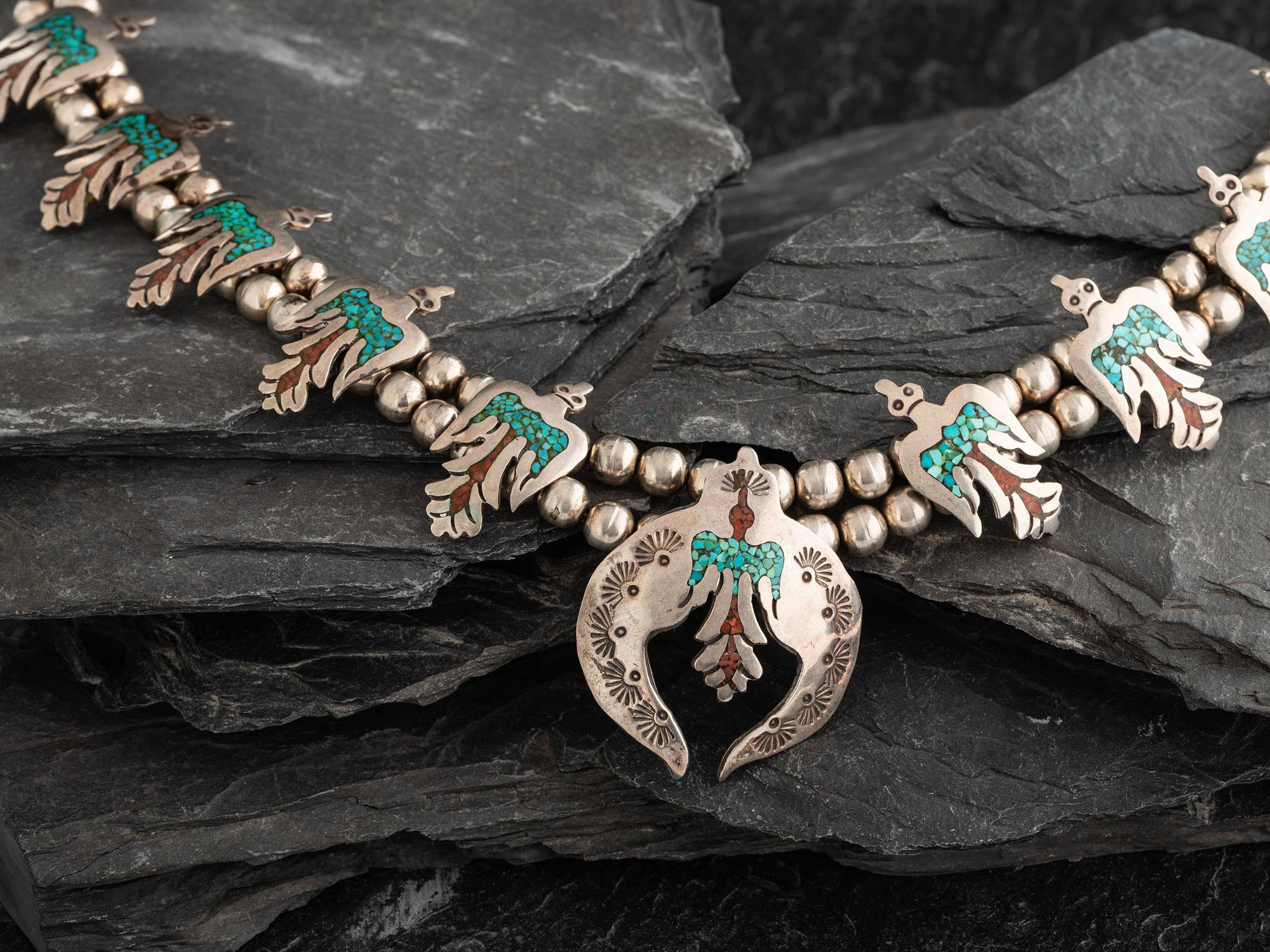 Navajo Silver and Chip Inlaid Peyote Bird Squash Blossom Necklace