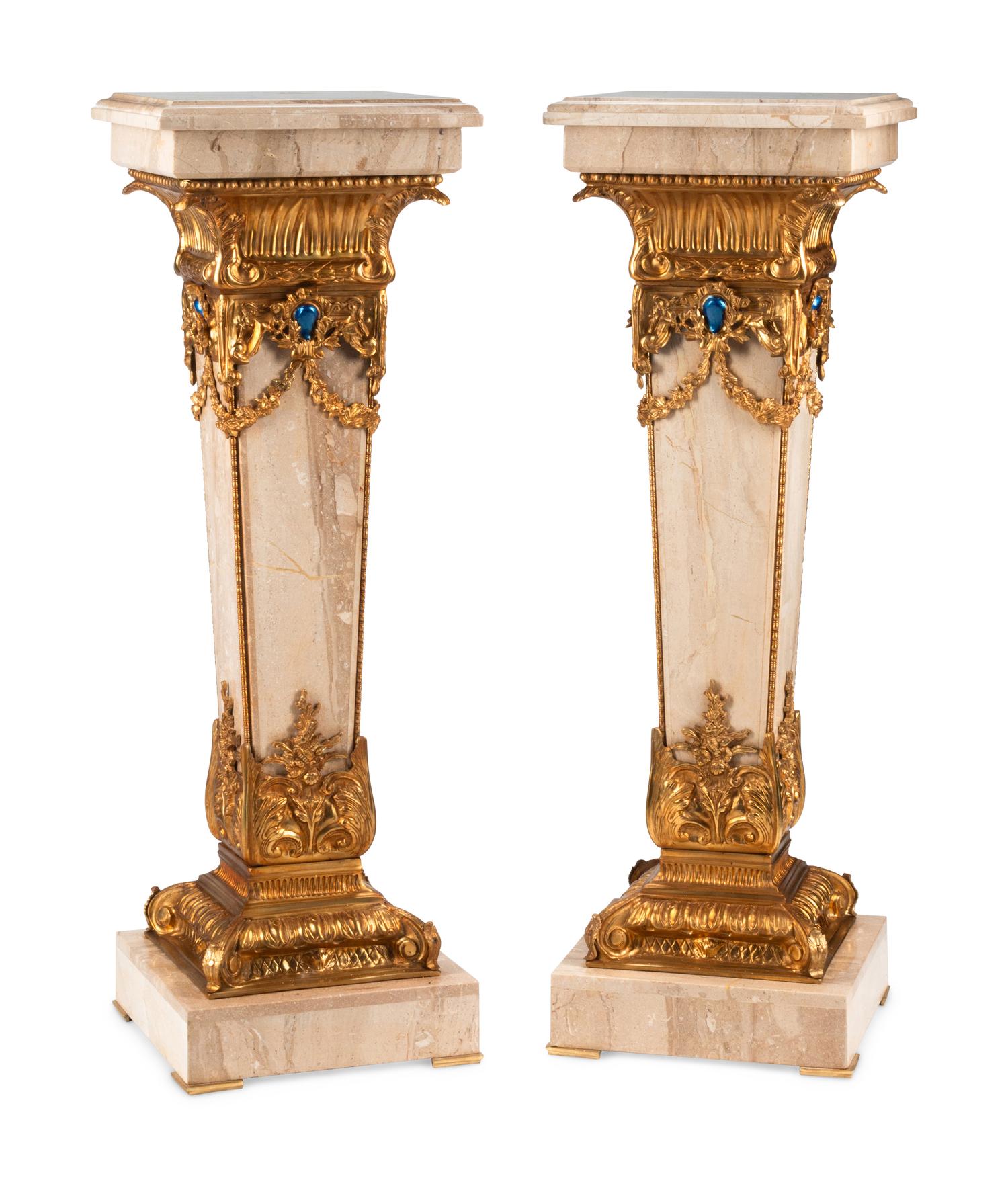 A Pair of Louis XVI Style Gilt Bronze Mounted Marble Pedestals