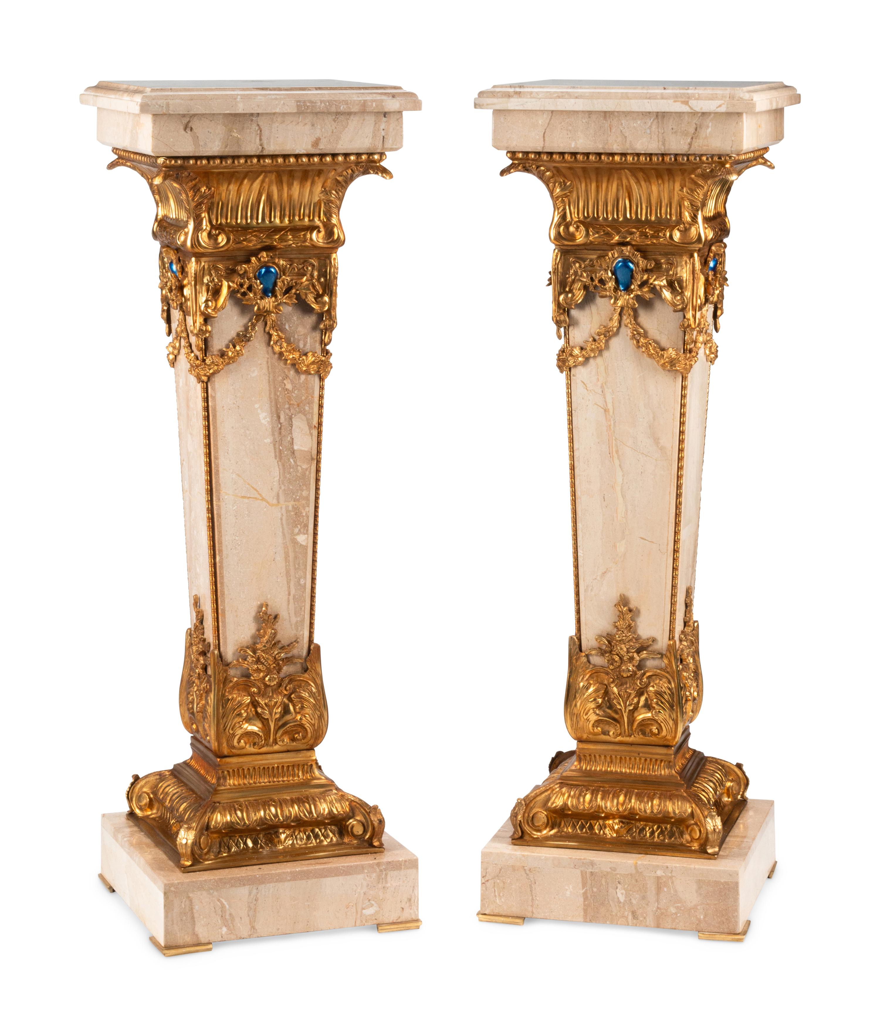 A Pair of Louis XVI Style Gilt Bronze Mounted Marble Pedestals