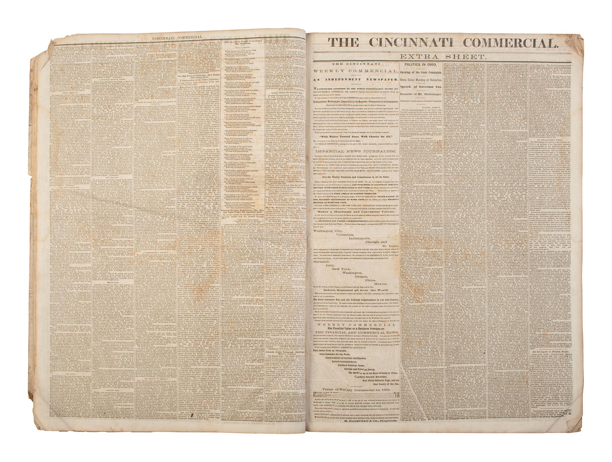 [POLITICS - RECONSTRUCTION]. The Cincinnati Commercial. Speeches of the Campaign of 1866 in the States of Ohio, Indiana, and Kentucky . Cincinnati, OH, 1866.