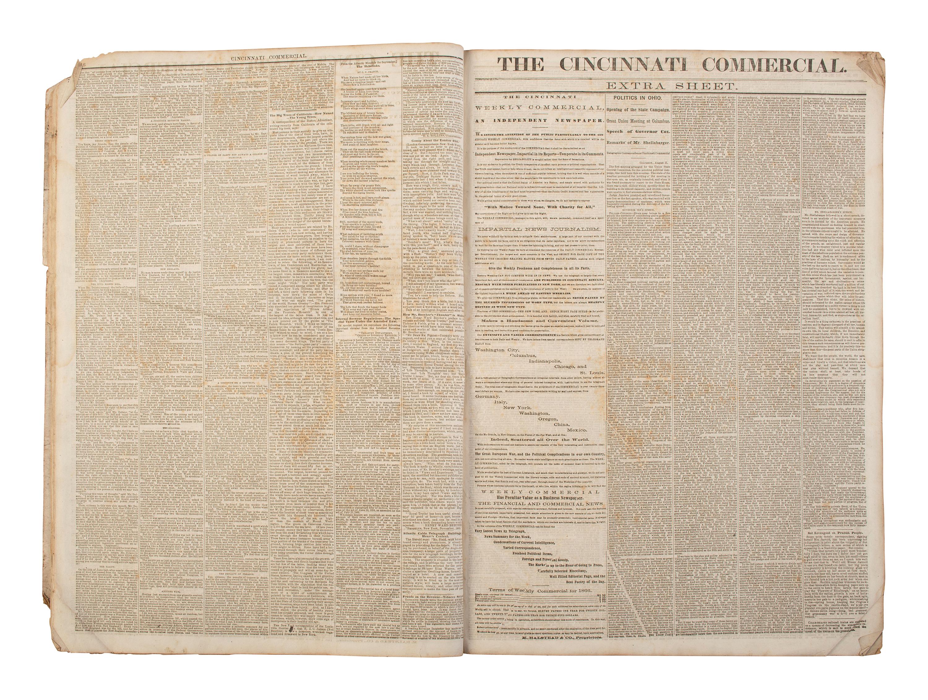 [POLITICS - RECONSTRUCTION]. The Cincinnati Commercial. Speeches of the Campaign of 1866 in the States of Ohio, Indiana, and Kentucky . Cincinnati, OH, 1866.