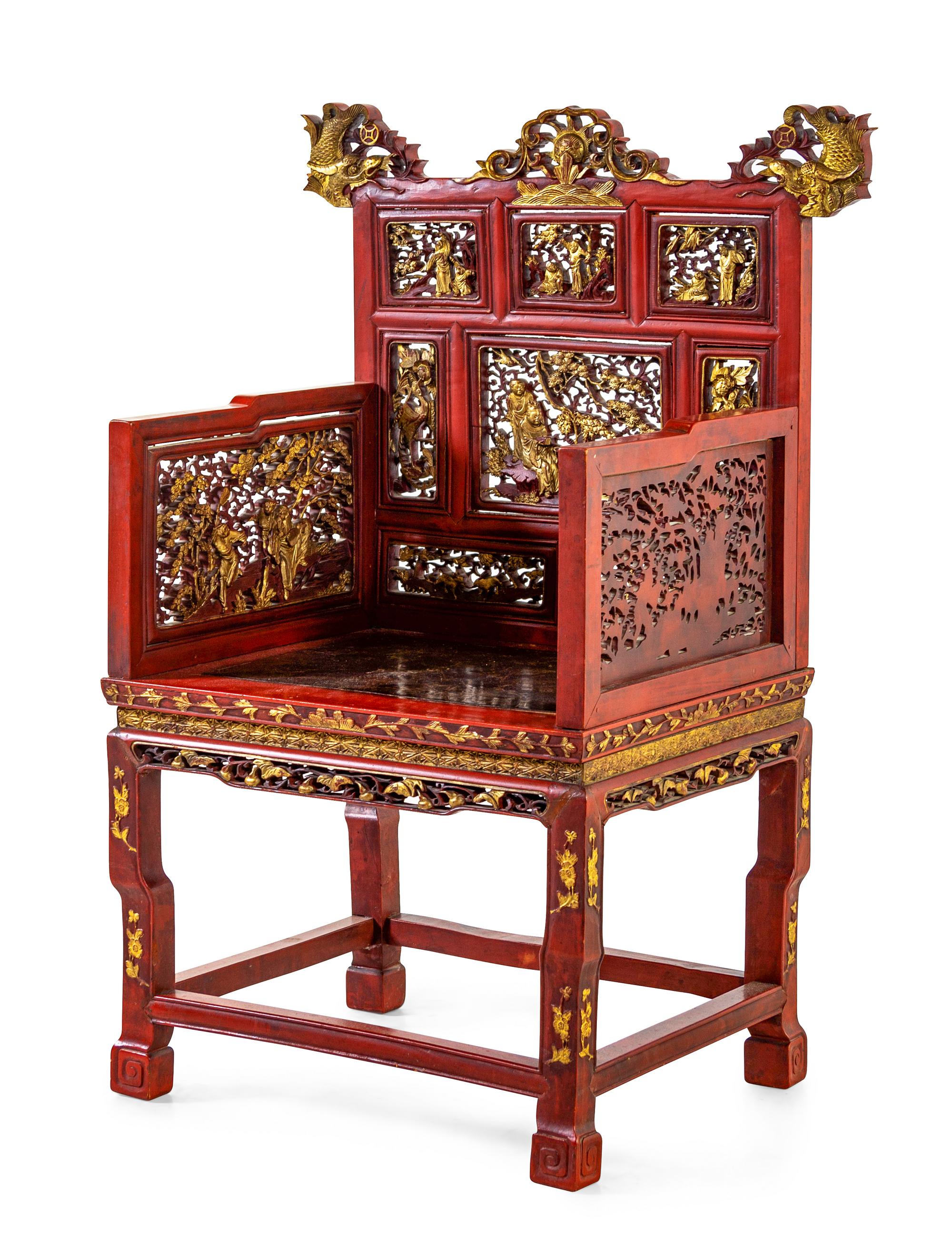 A Gilt and Red Lacquered Wood Chair