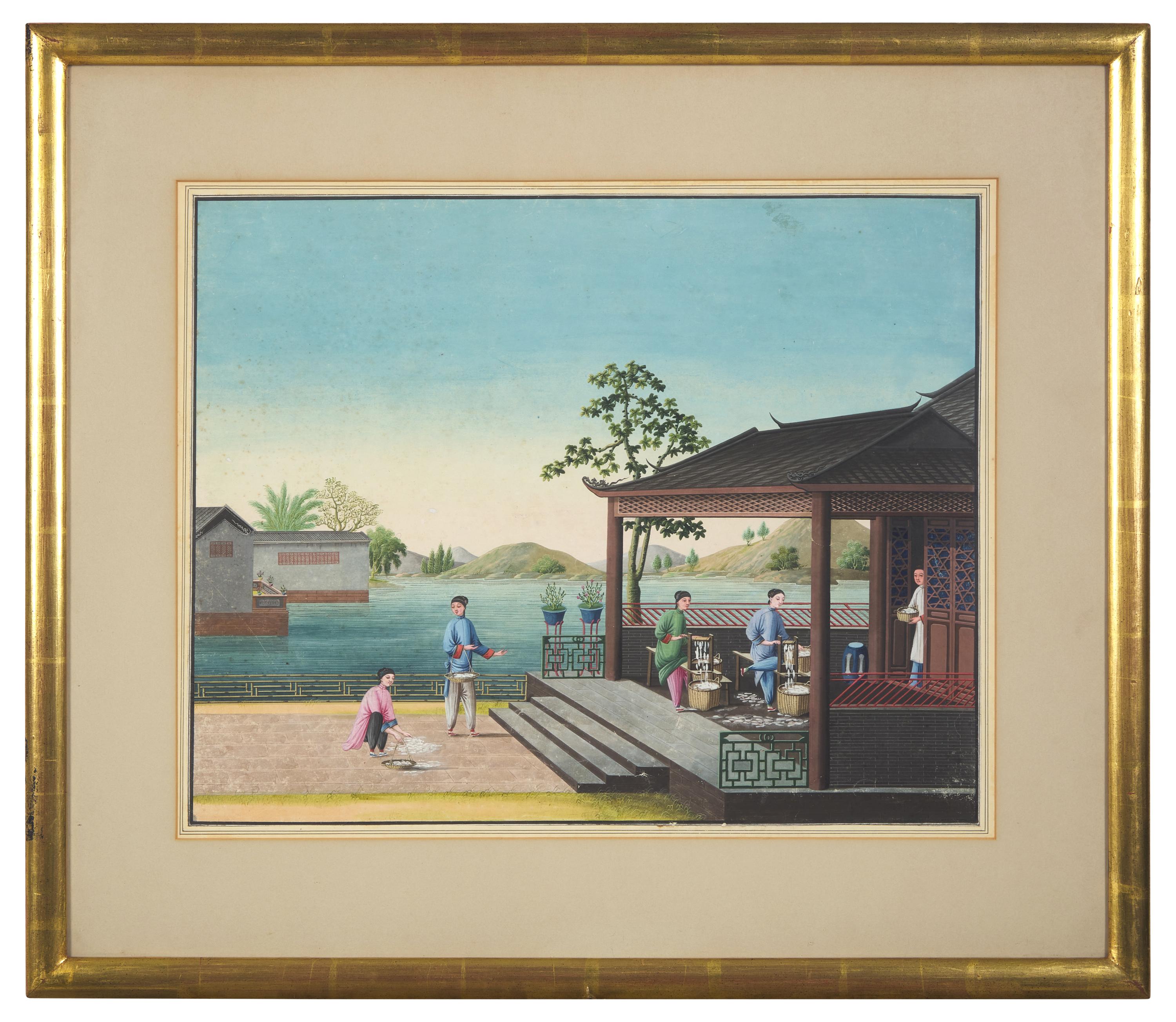 Chinese Export School 19th Century, A Set of Four Paintings Depicting Various Stages of Silk Production