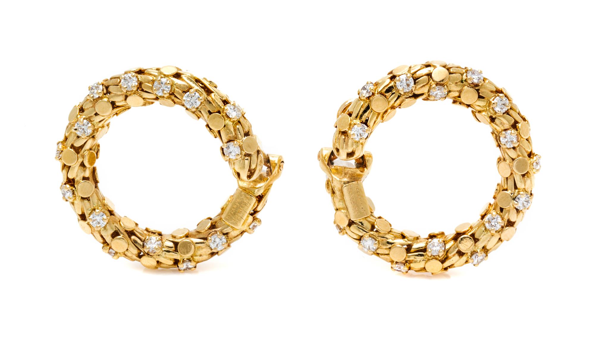 A Pair of 18 Karat Yellow Gold and Diamond Hoop Earclips, Tiffany & Co., French, 21.70 dwts.