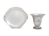 comprising a J. Wagner & Sons serving dish, Birks Silver Co. tazza, Tuttle Silversmiths vase, Dingwall sugar basket, Gorham nut dish, English bread dish and sauce boat, caster, salt cellar, three weighted candlesticks and a weighted vase, together with a silver-plate ice bucket. 15 items total.