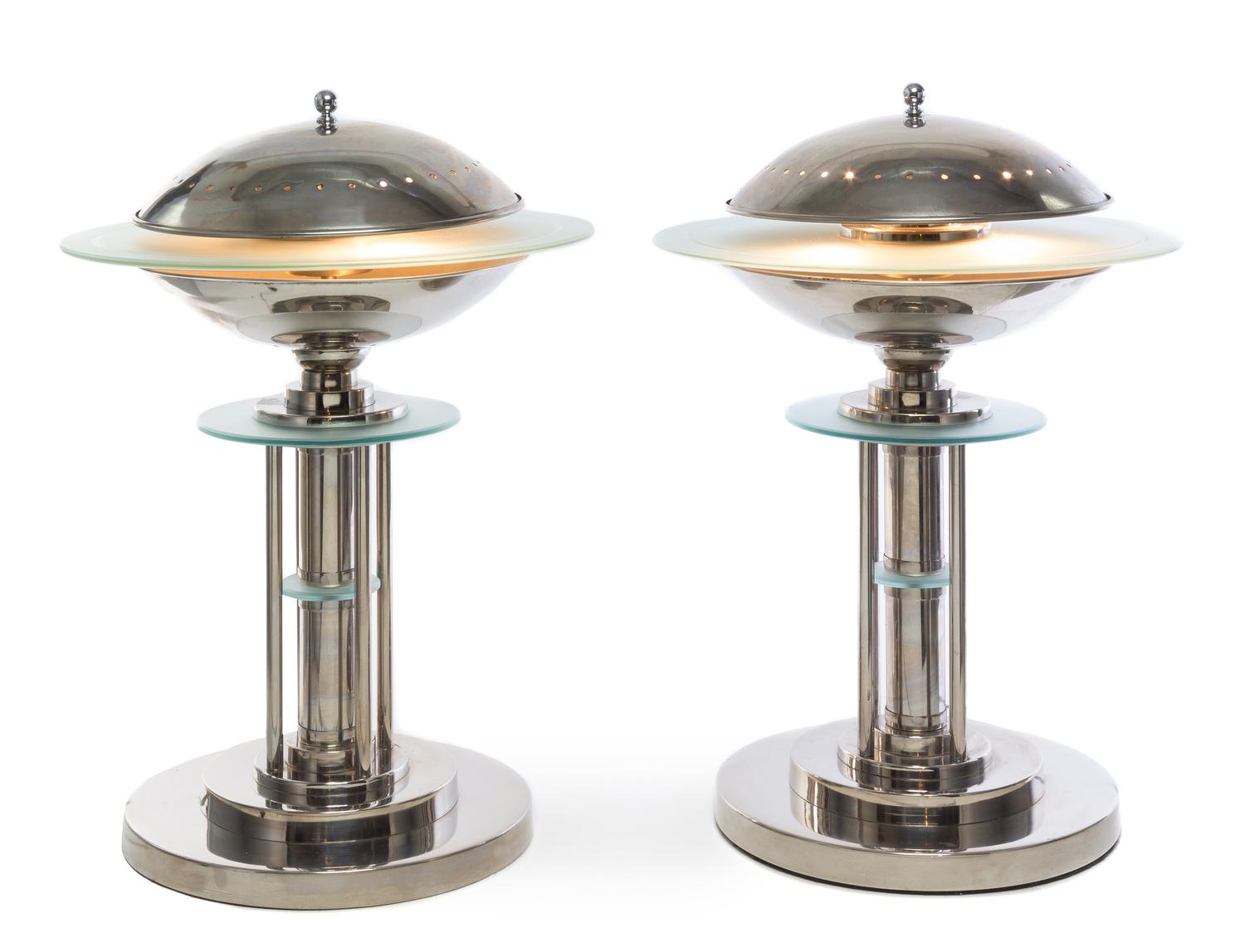 A Pair of Art Deco Nickel and Glass Table Lamps Height 22 x diameter 15 inches
