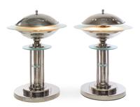 A Pair of Art Deco Nickel and Glass Table Lamps Height 22 x diameter 15 inches