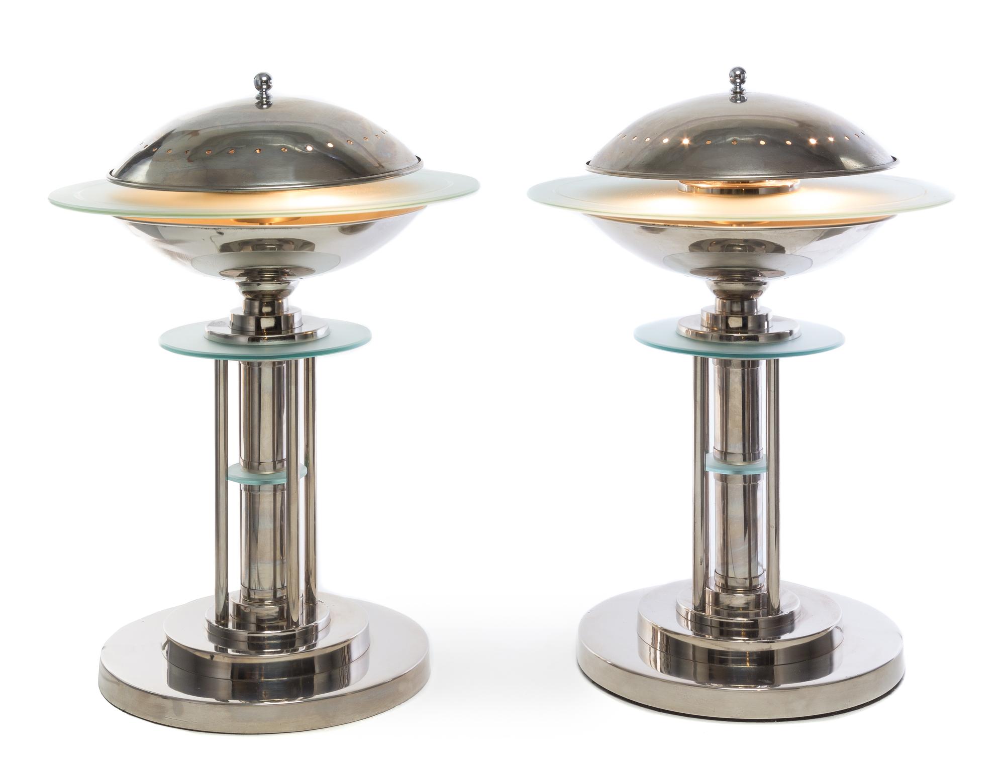 A Pair of Art Deco Nickel and Glass Table Lamps Height 22 x diameter 15 inches