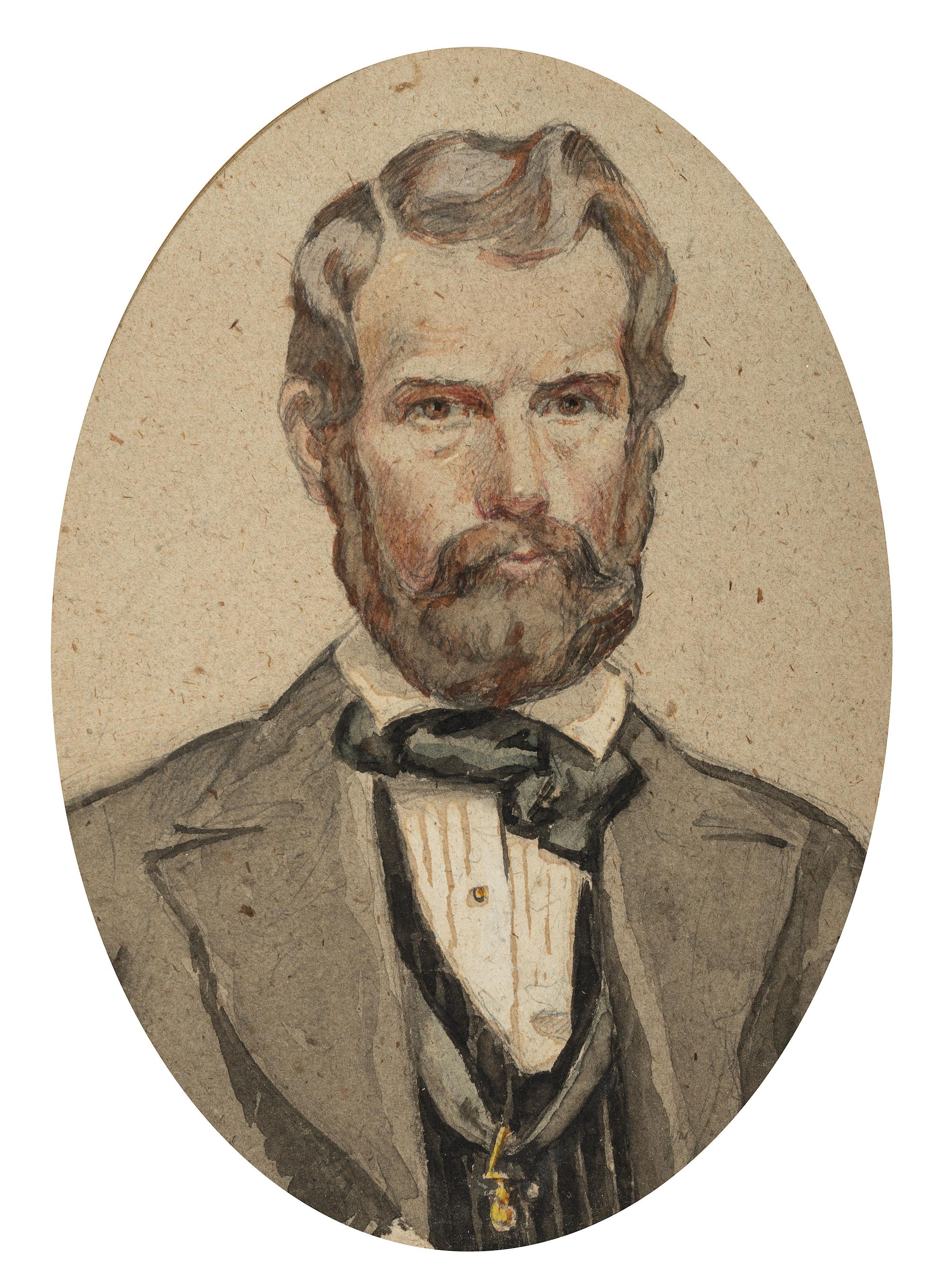 [CIVIL WAR]. STANDISH, Austin M. (1823-1865). Pencil and watercolor portrait of the Confederate Colonel, 6th Division Missouri State Guards.