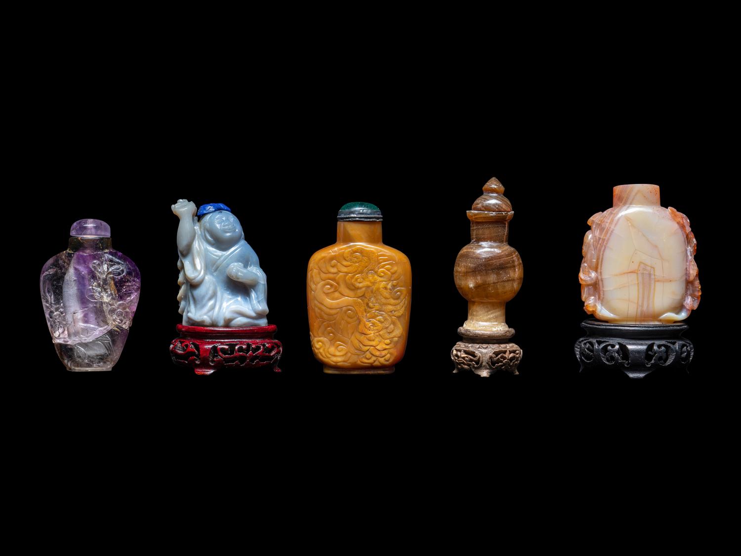 Five Chinese Carved Precious Stone Snuff Bottles