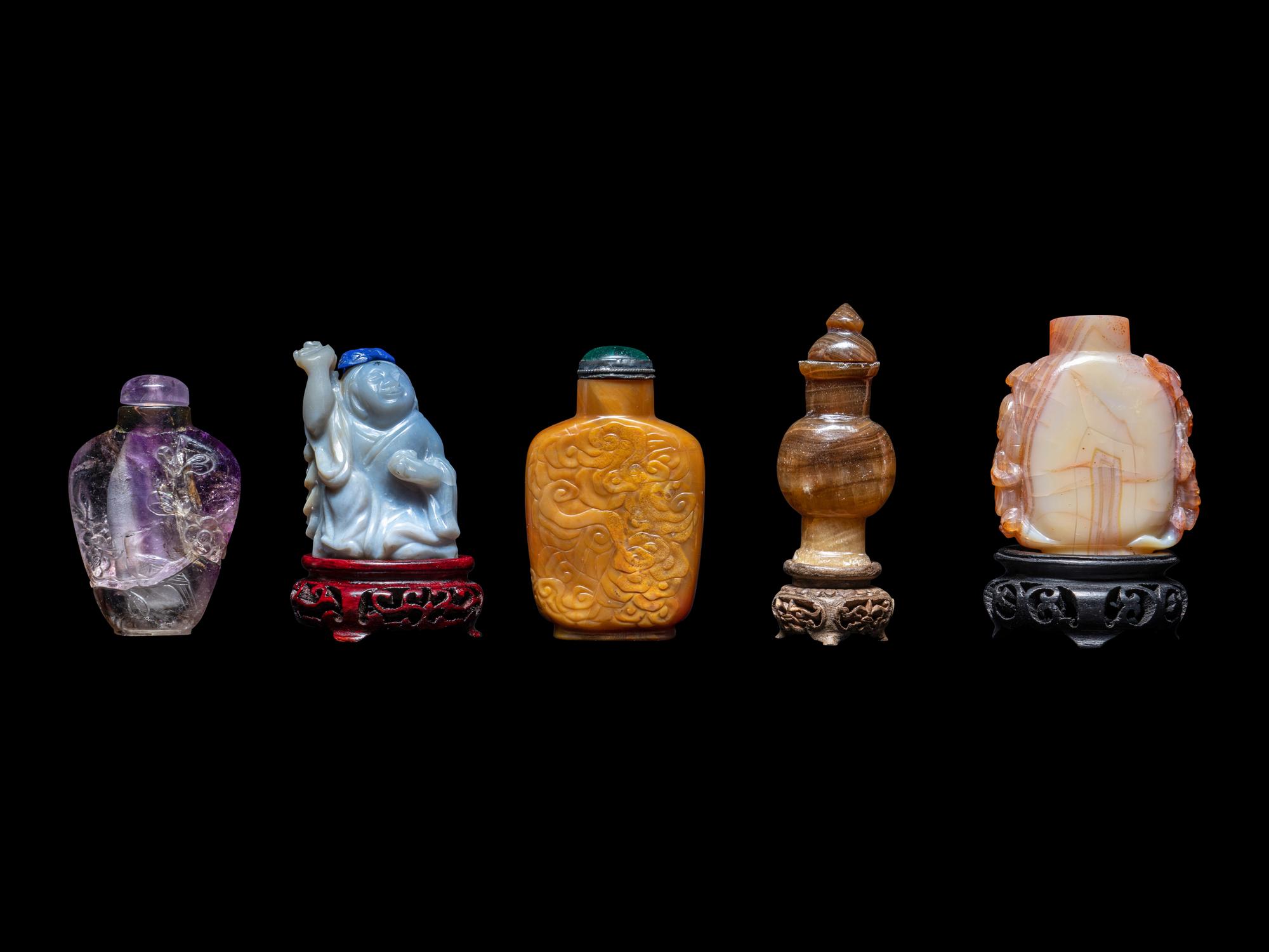 Five Chinese Carved Precious Stone Snuff Bottles