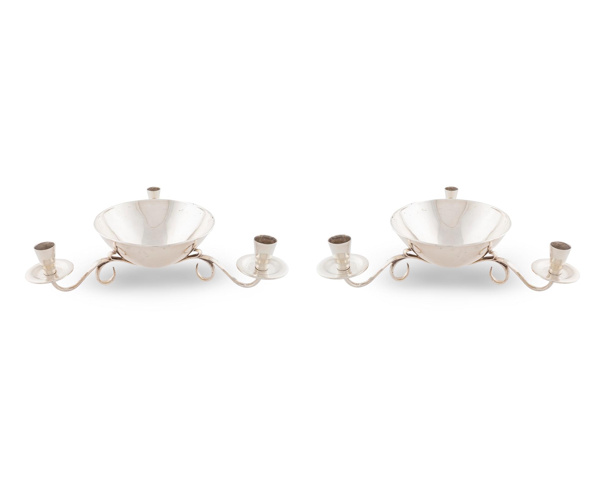 A Pair of Mexican Silver Low Candelabra — 20TH CENTURY