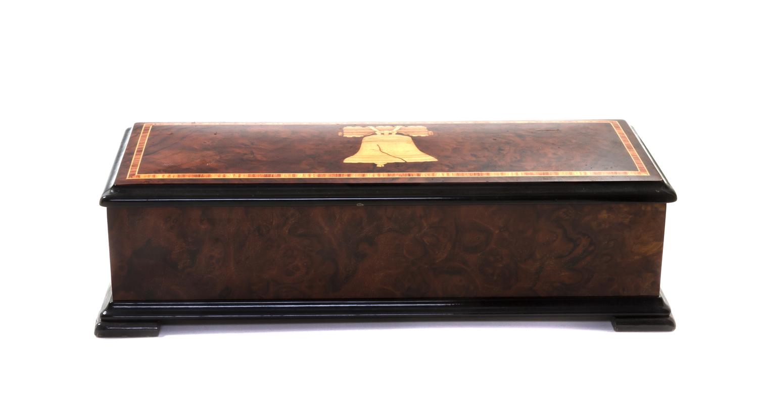 A Swiss Marquetry Cylinder Music Box, REUGE, Height 4 1/8 x width 14 3/8 x depth 5 1/2 inches. — REUGE,