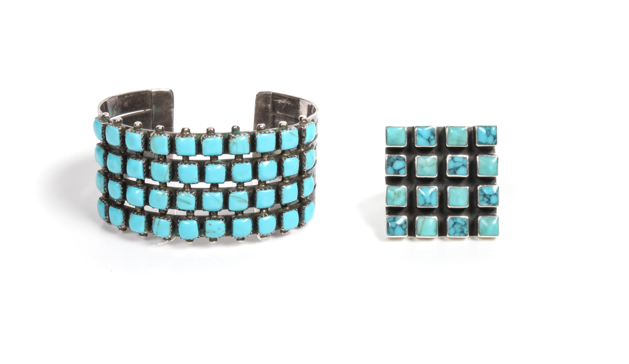 Southwestern Silver and Turquoise Cuff Bracelet and Ring Length of bracelet 5 3/4 x opening 1 x width 1 1/4 inches
