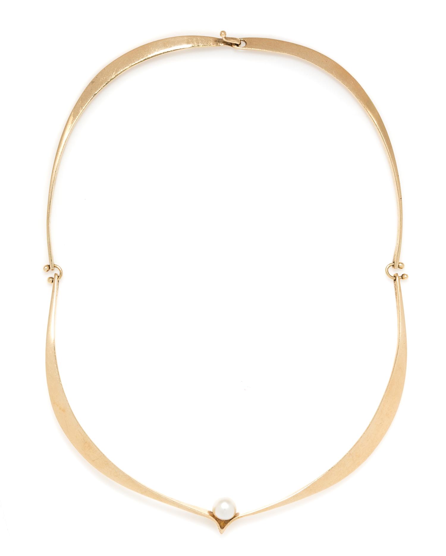 A Modernist Yellow Gold and Cultured Pearl Collar Necklace, Ed Wiener, Circa 1952, 18.20 dwts.