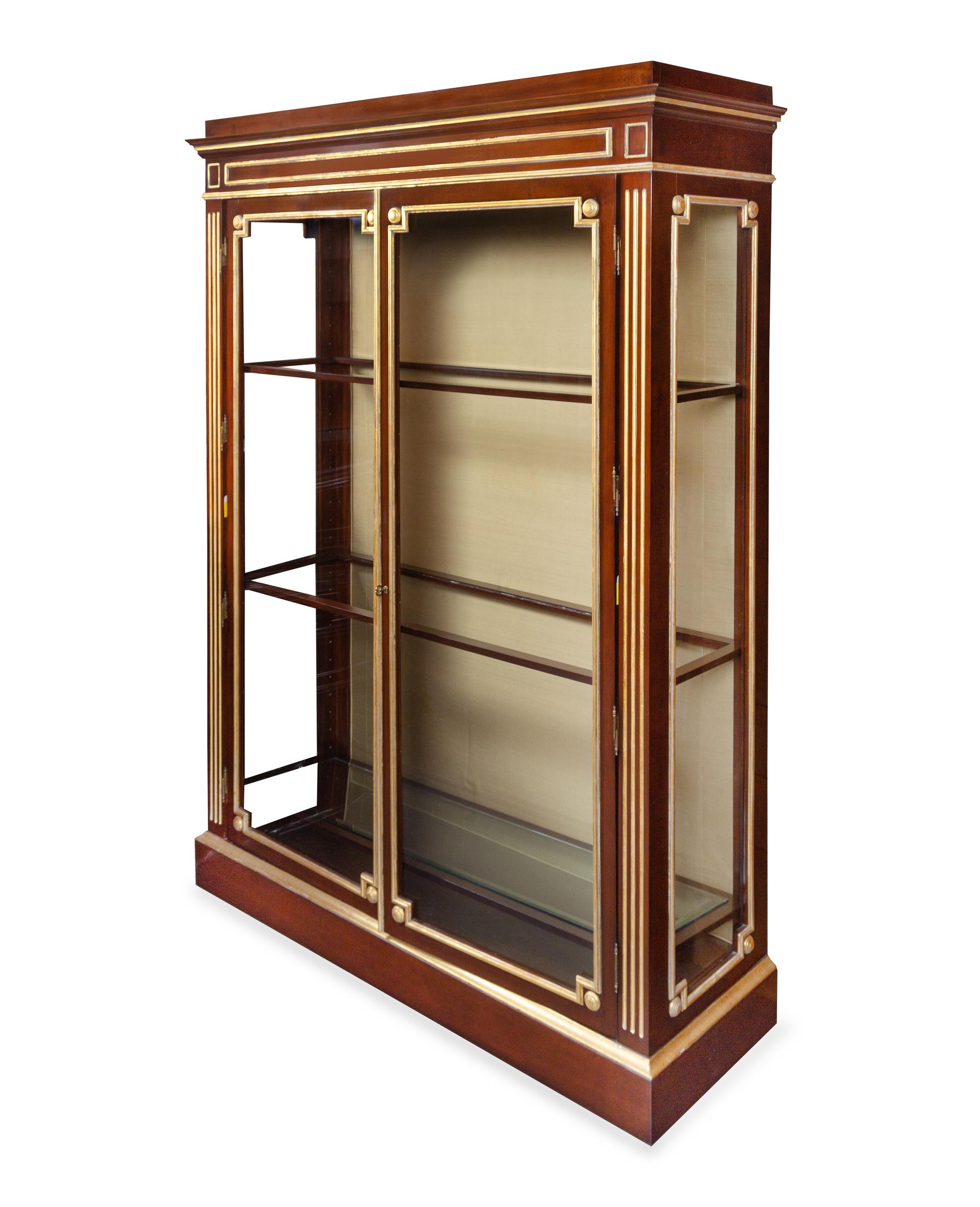 A Neoclassical Style Brass Inlaid Mahogany Vitrine Cabinet