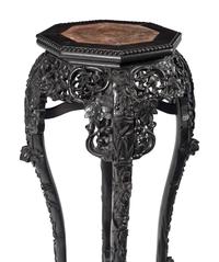 Two Chinese Carved Hardwood Marble-Inset Pedestals