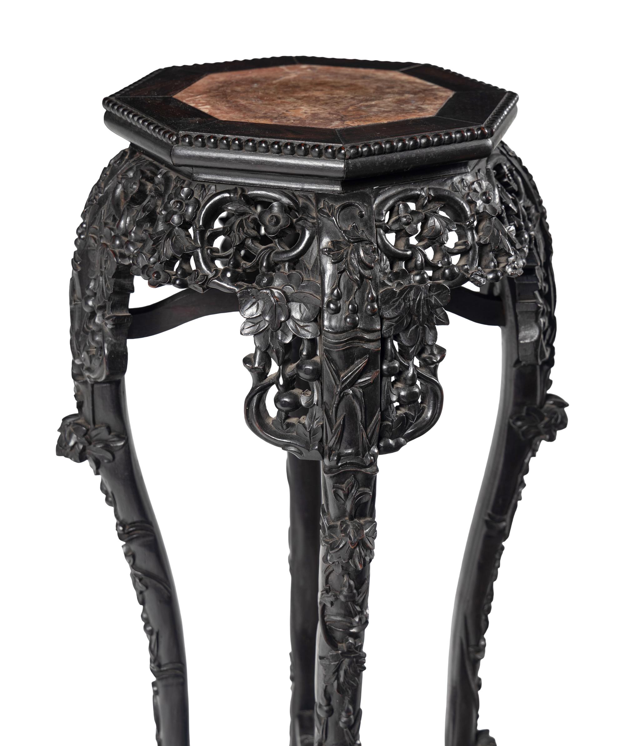 Two Chinese Carved Hardwood Marble-Inset Pedestals