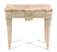 A Louis XVI Style Painted and Parcel-Gilt Side Table Height 29 1/4 x width 31 1/2 x depth 17 3/4 inches. — 19TH CENTURY