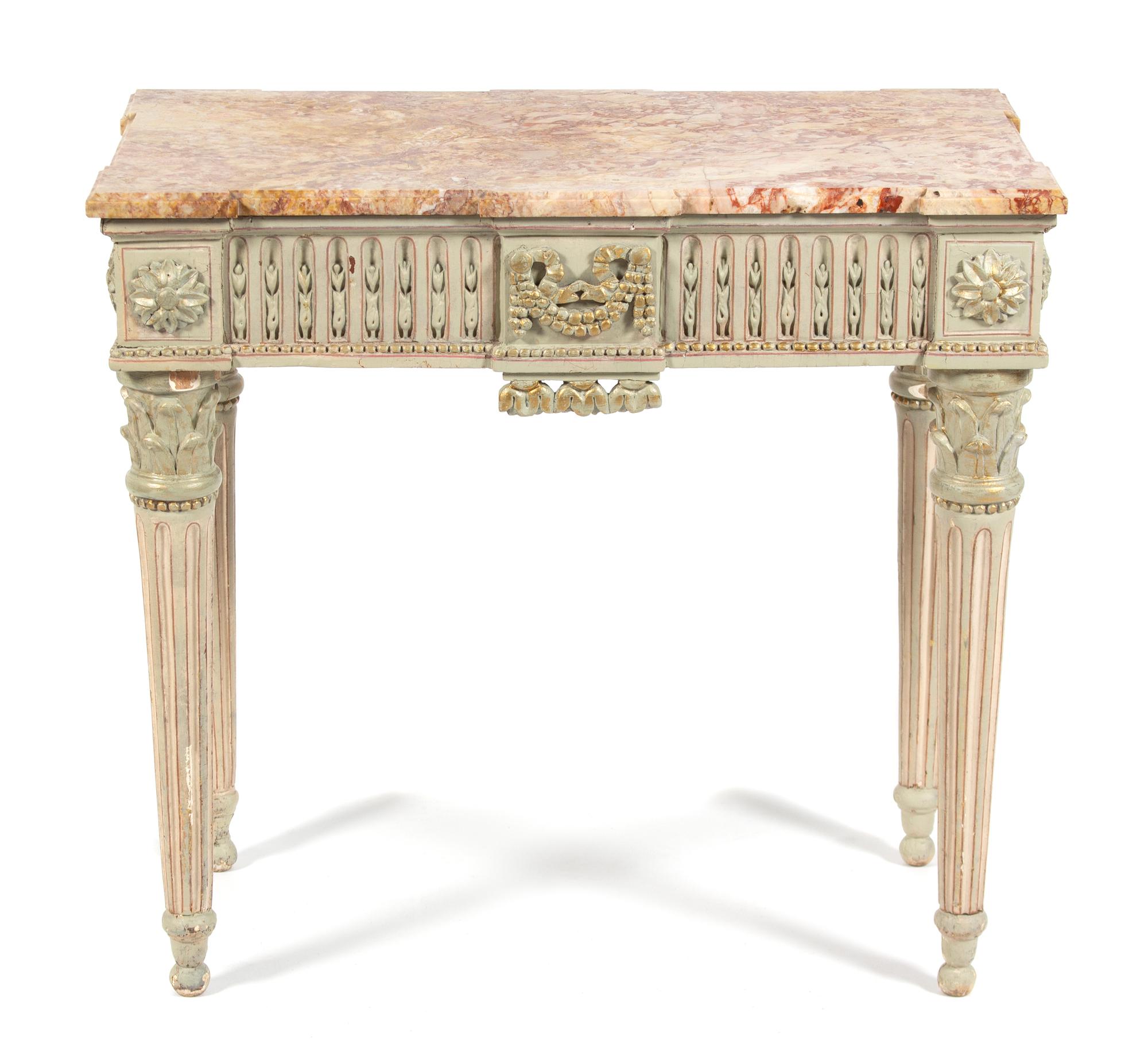 A Louis XVI Style Painted and Parcel-Gilt Side Table Height 29 1/4 x width 31 1/2 x depth 17 3/4 inches. — 19TH CENTURY