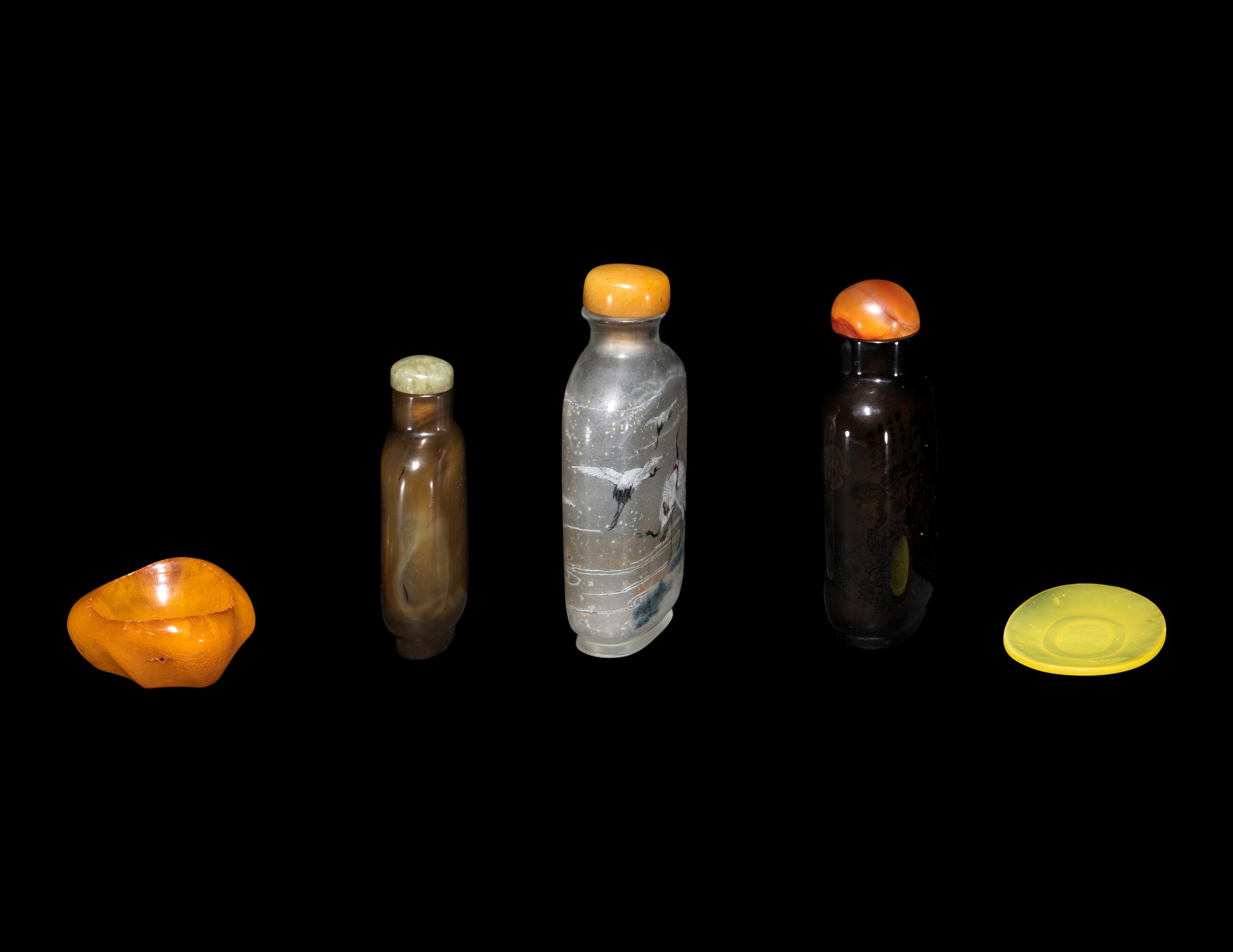 Three Chinese Glass Snuff Bottles and Two Snuff Dishes